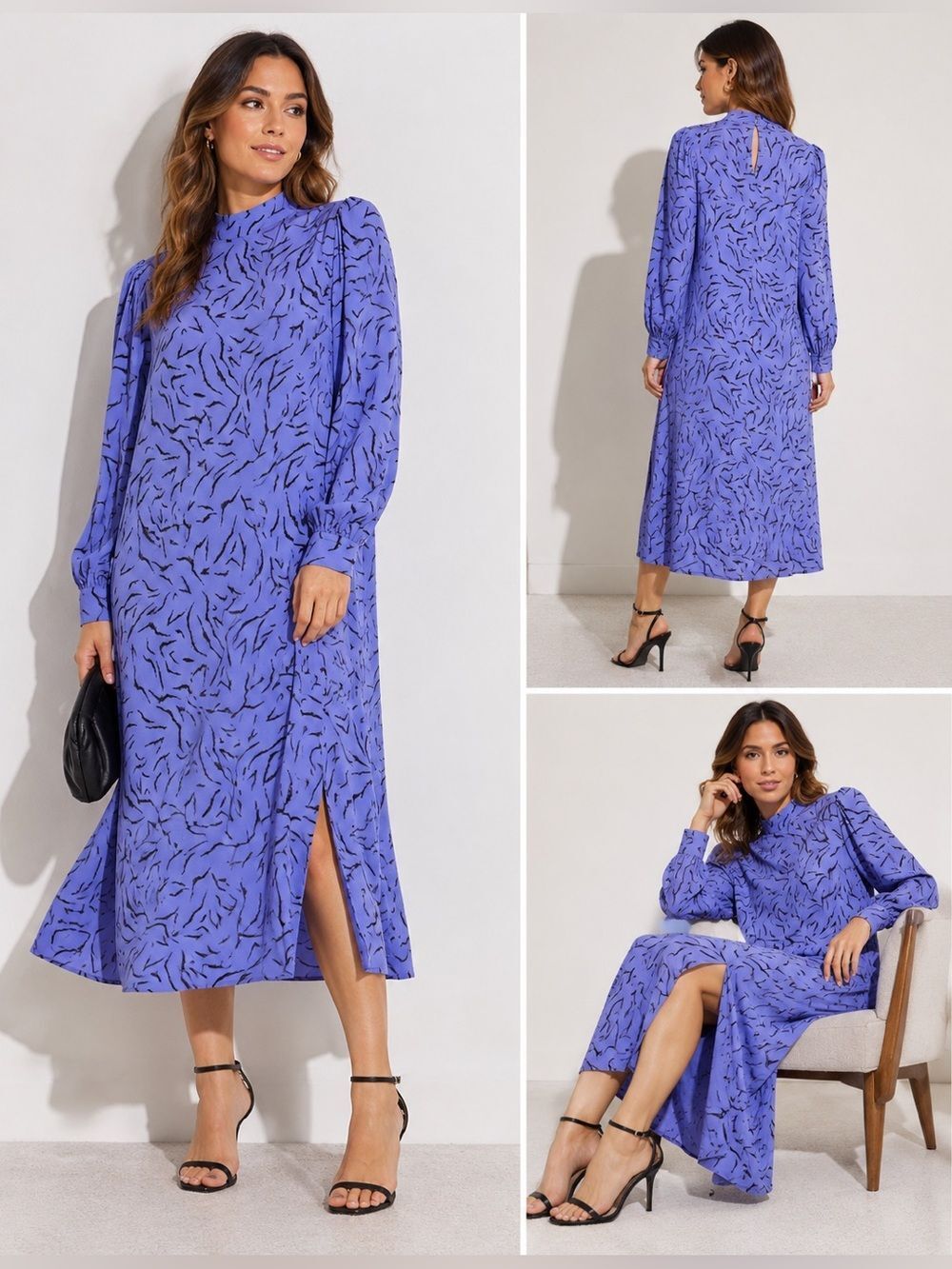 mbyM Hestia Alfifa print Lavender Midi Dress Long Sleeve Viscose Size L